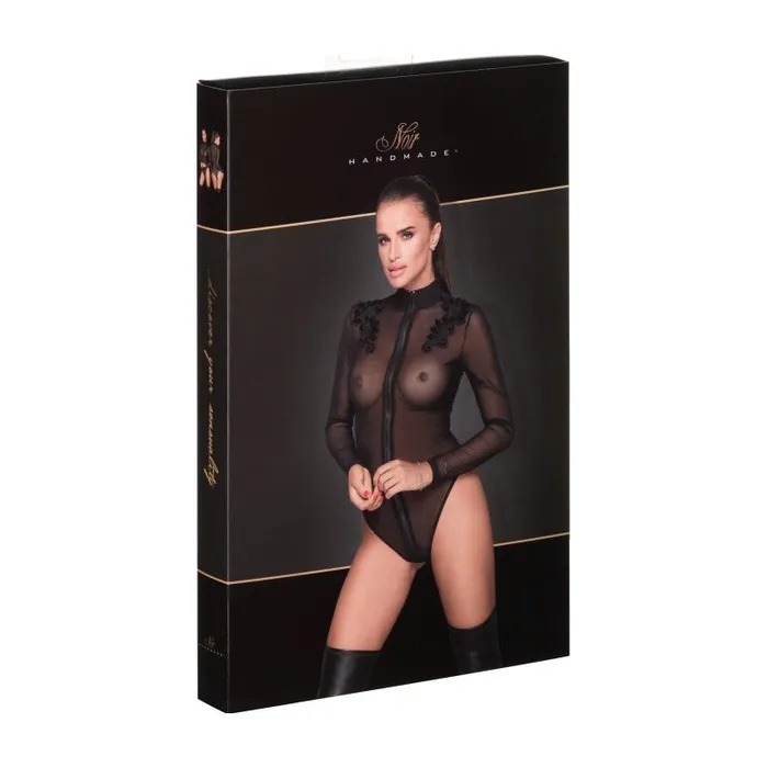 Teddies And Bodies | Noir Zipped Tulle Bodysuit w Embroidery